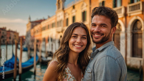 Bella coppia di fidanzati, marito e moglie in vacanza in Italia a Venezia posa per una foto al tramonto vicino ad un canale, luna di miele photo