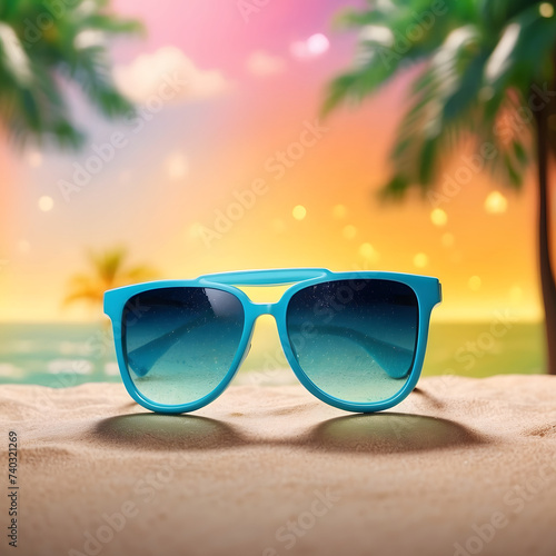 Sunglasses on the beach with palm tree background. Summer vacation concept.