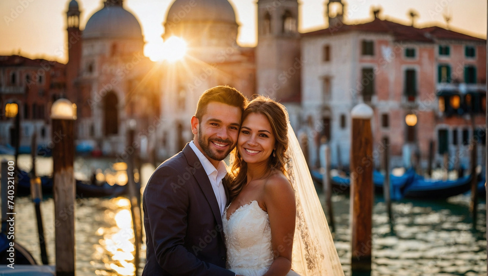 Naklejka premium Bella coppia di sposi in vacanza in Italia a Venezia posa per una foto al tramonto vicino ad un canale con gli abiti del matrimonio, luna di miele