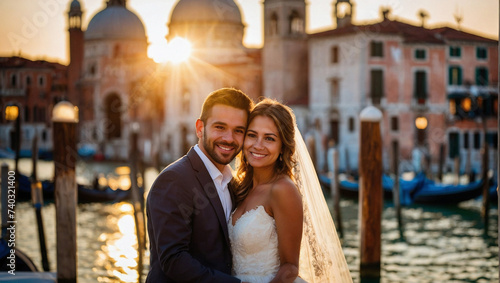 Bella coppia di sposi in vacanza in Italia a Venezia posa per una foto al tramonto vicino ad un canale con gli abiti del matrimonio, luna di miele photo