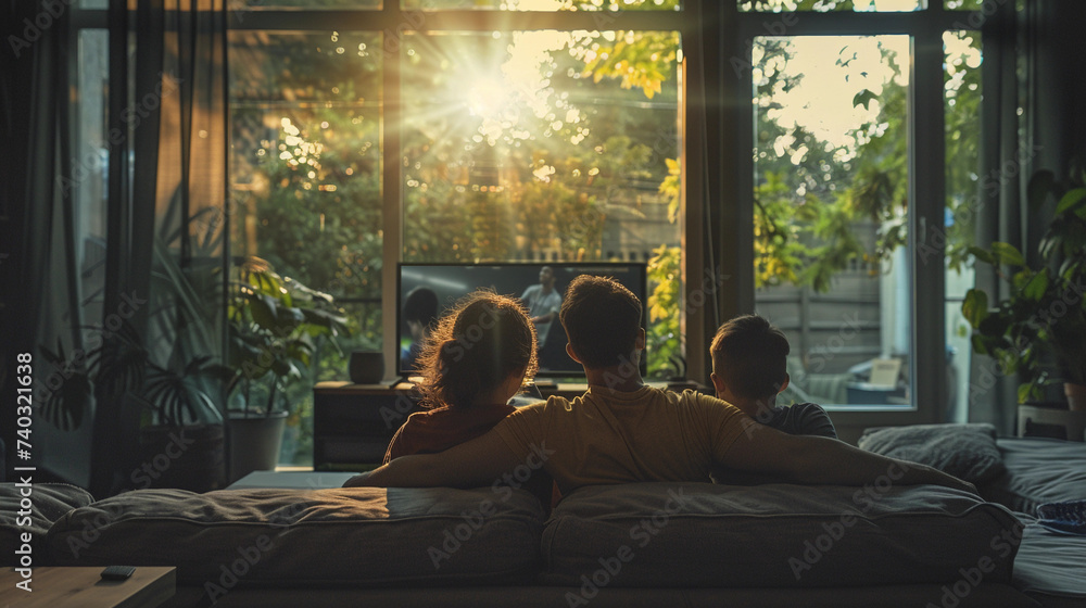A family watching the Paris Olympic Games on television in the living room of their house, sitting on the couch and enjoying the Olympic sports
