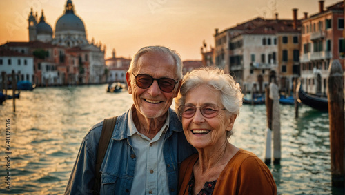 Bella coppia anziani, marito e moglie in vacanza in Italia a Venezia posa per una foto al tramonto vicino ad un canale photo