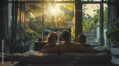 A family watching the Paris Olympic Games on television in the living room of their house, sitting on the couch and enjoying the Olympic sports