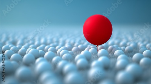 Red balloon standing out among multitude of blue spheres concept