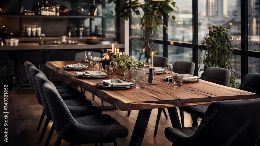 Wooden Table Surrounded by Black Chairs in a Room