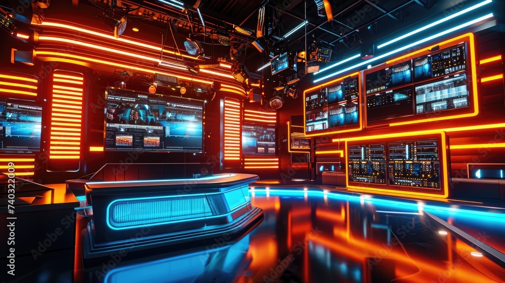 An advanced TV studio set illuminated by striking orange and blue neon lights, featuring multiple screens and high-tech equipment