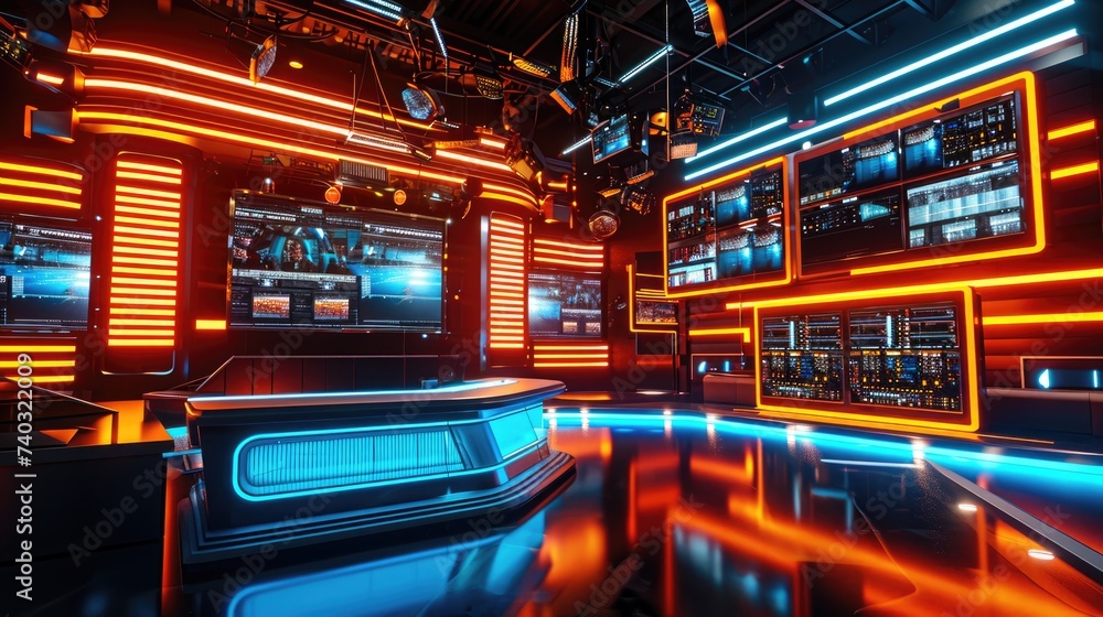 An advanced TV studio set illuminated by striking orange and blue neon lights, featuring multiple screens and high-tech equipment An advanced TV studio set illuminated by striking orange and blue neon lights, featuring multiple screens and high-tech equipment