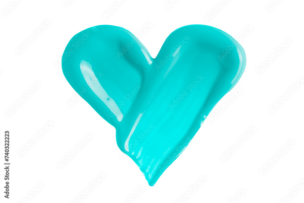 Swatch of green nail polish in heart shape isolated on white background. Nail polish sample in turquoise color.