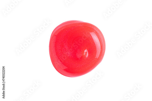Red swatch of lip gloss, cosmetic product stroke or paint, macro. Swatches of red, lipgloss or paint on isolated on white background.