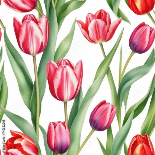 Tulip flowers and leaves, spring watercolor illustration