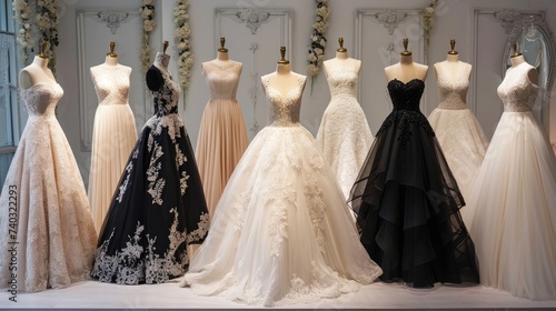 A collection of stunning wedding dresses showcases diverse styles and intricate designs in a well-lit bridal boutique..