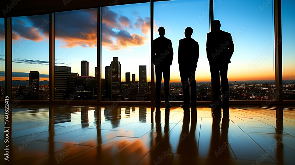 Silhouetted business professionals overlooking cityscape at sunset