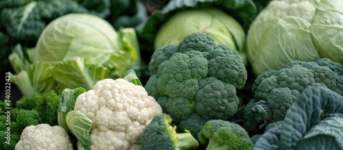 A pile of cauliflower and broccoli sitting next to each other, with assorted cabbages in the background.