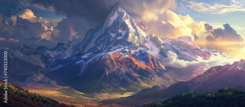 A painting showcasing a majestic mountain range with billowing clouds in the sky.