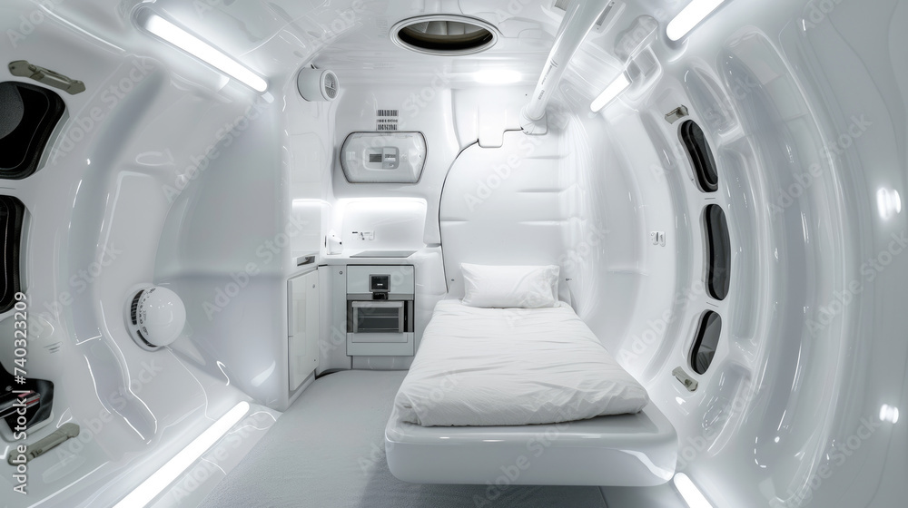 White room with single bed in spaceship, interior design of starship or space station. Small compartment for crew or passengers in futuristic spacecraft. Concept of technology, future White room with single bed in spaceship, interior design of starship or space station. Small compartment for crew or passengers in futuristic spacecraft. Concept of technology, future