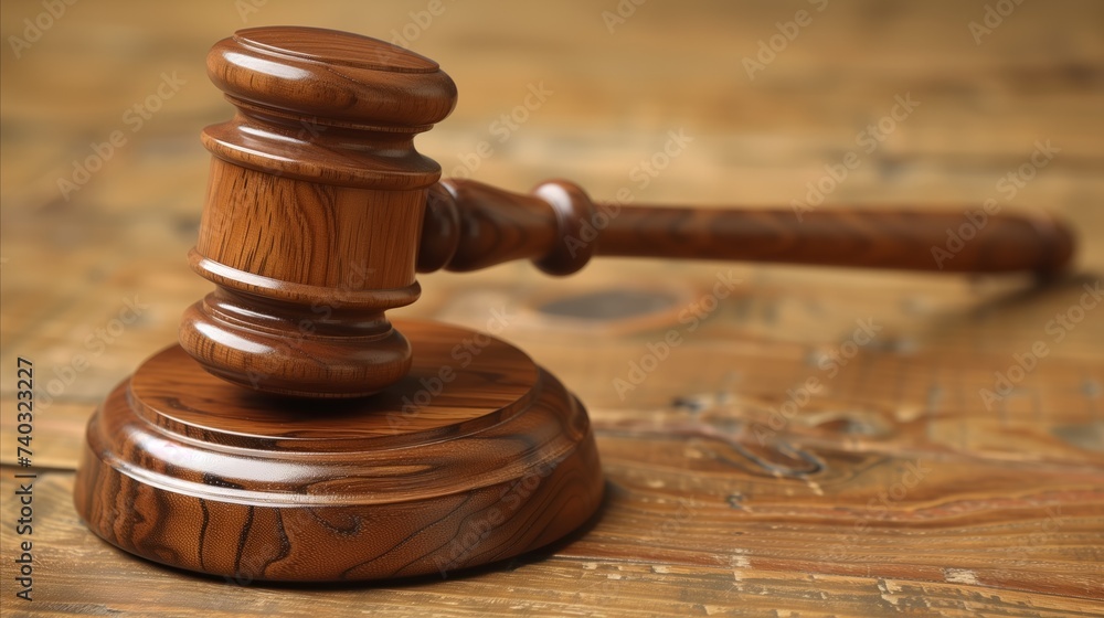 Wooden judge gavel on rustic table, legal authority symbol Wooden judge gavel on rustic table, legal authority symbol