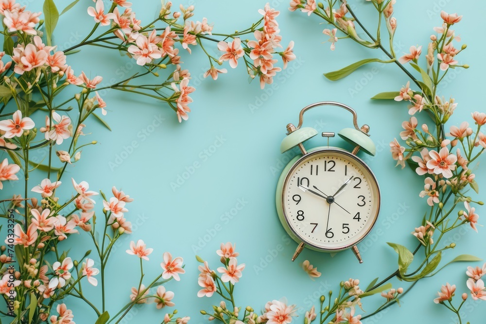 A vintage alarm clock surrounded by a vibrant array of spring flowers on a soothing pastel background, illustrating the concept of spring time - obrazy, fototapety, plakaty 
