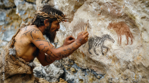 Neanderthal man drawing animals on rock wall, bearded caveman and primitive art, scene of prehistoric era. Concept of cave, ancient people, creative, painting, Stone Age photo