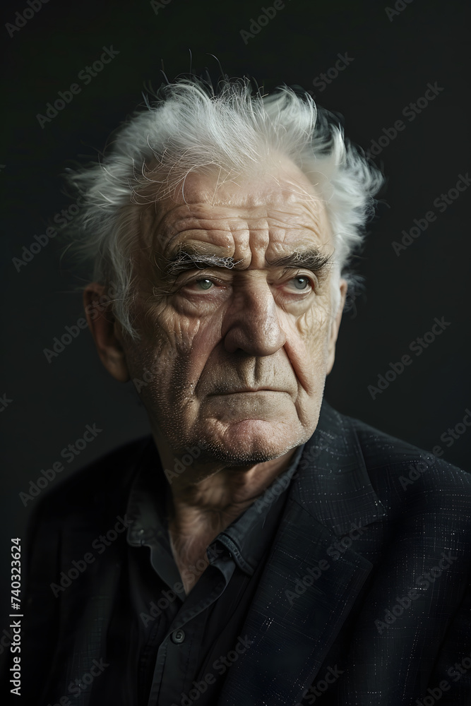 Portrait of an older man in a black suit with gray hair staring off into the distance, dramatic portrait, black background