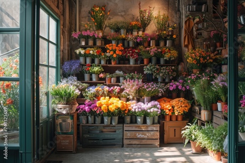 A quaint florist shop filled with fresh blooms in pastel planters, surrounded by an array of hanging plants and potted greenery on rustic shelves.. photo