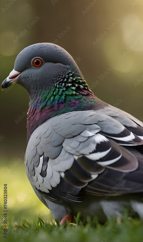 Fototapeta premium A lone pigeon, strolling across the forest lawn.