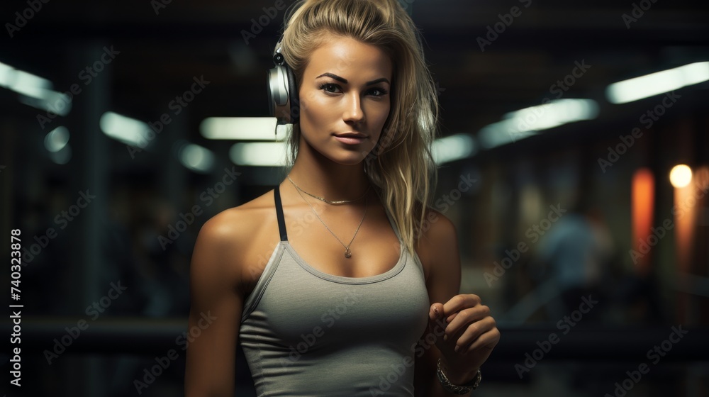 Woman With Headphones Standing in Gym
