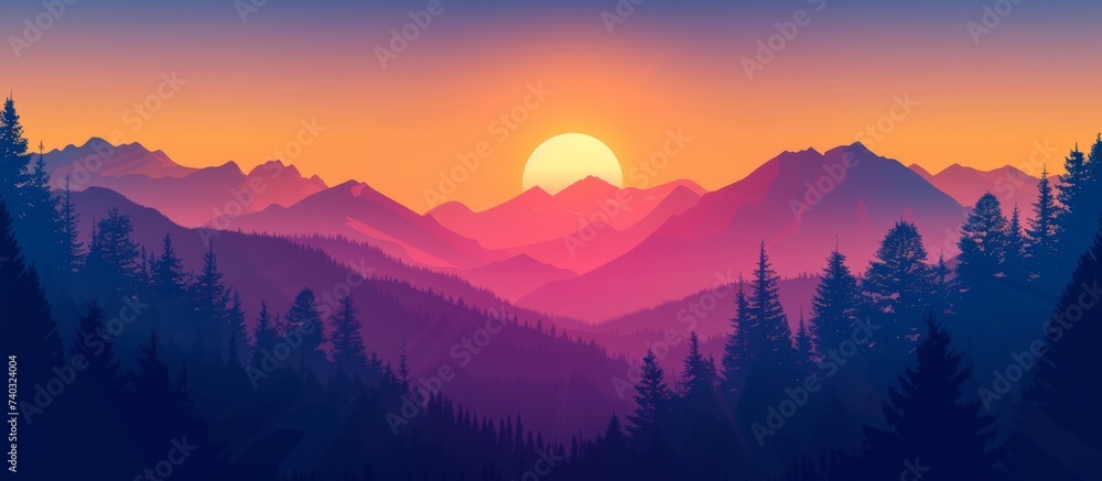 Obraz premium Majestic sunset in the serene mountains with lush trees and rugged peaks