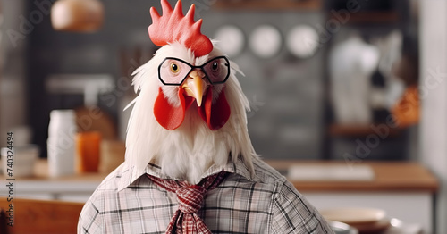 A surreal portrait of a stylish rooster in glasses, shirt and tie
