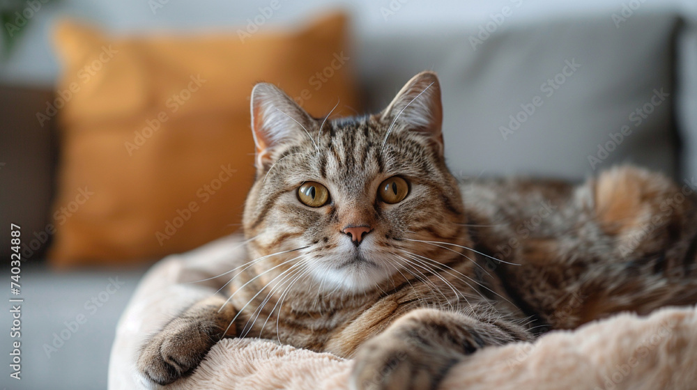 Cute tabby cat lying on sofa at home, closeup Cute tabby cat lying on sofa at home, closeup