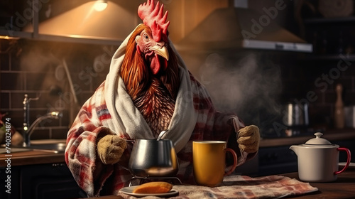 A surreal portrait of a stylish rooster in a housecoat or bathrobe in the kitchen drinking tea, coffee or other hot drink photo