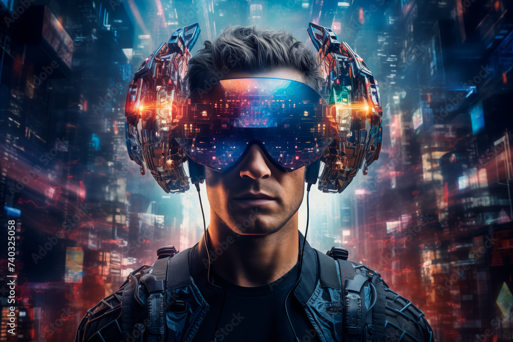 Expert cyberpunk hacker with virtual reality glasses in a futuristic environment, surrounded by virtual reality elements. Generative AI Expert cyberpunk hacker with virtual reality glasses in a futuristic environment, surrounded by virtual reality elements. Generative AI