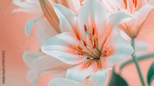 Trendy peach Fuzz lily flower background, close up. Concept color of the year 2024 Peach Fuzz. macro apricot flower creative background. 