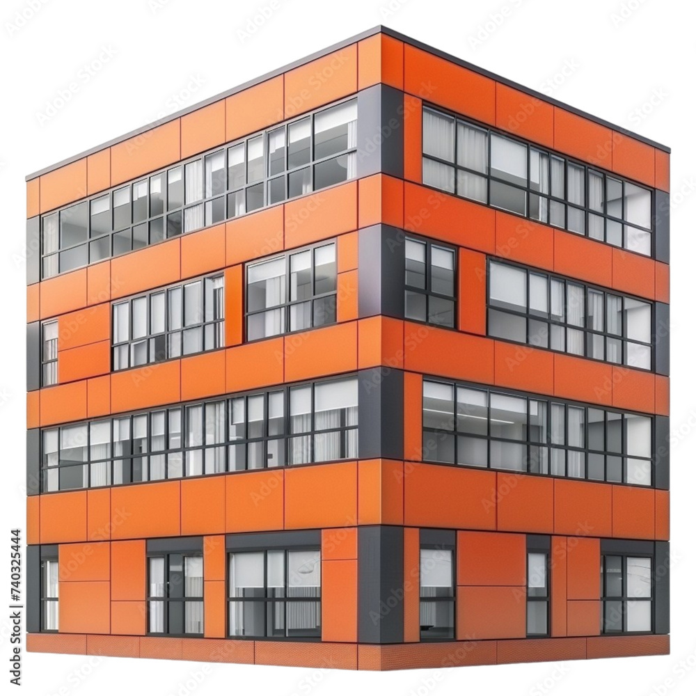 Modern office building with vibrant orange accents, architectural model, transparent background.	