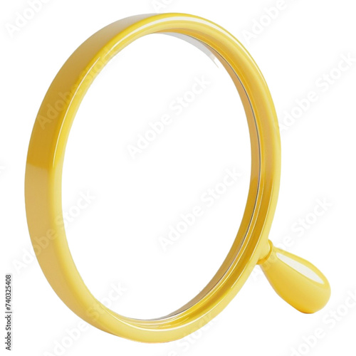 Shiny yellow magnifying glass, 3D render, isolated on transparent background. 