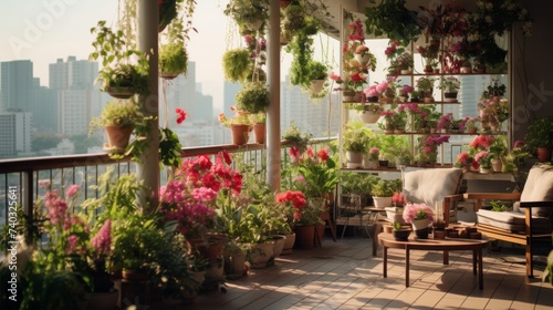 A Balcony With Couches, Tables, and Potted Plants