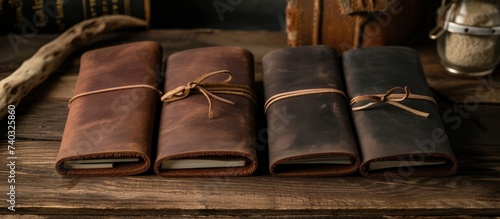 A photo of three exquisite handmade leather cover notebooks, tied together to showcase unparalleled craftsmanship in each book. © AkuAku