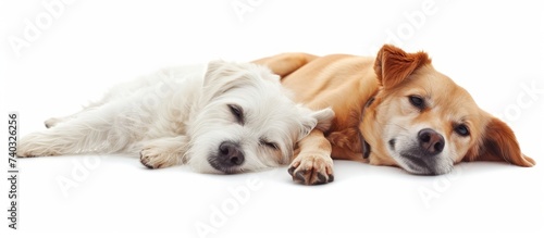 two dogs are laying next to each other on a white background . High quality
