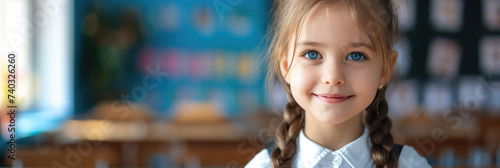 blue-eyed smiling schoolgirl with braids in uniform on the background of a school class, little girl, student, child, kid, children, education, training, study, knowledge, banner, portrait, person
