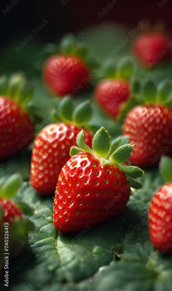 Ripe juicy strawberries, scattered chaotically on the background of strawberry leaves