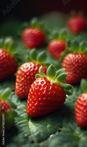 Ripe juicy strawberries  scattered chaotically on the background of strawberry leaves