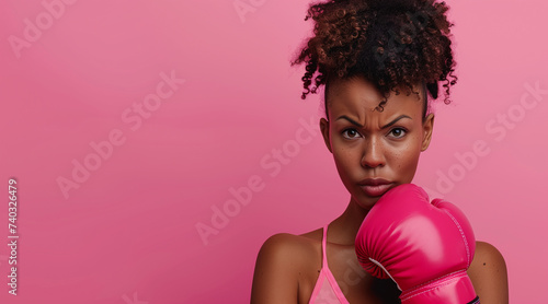 Breast cancer awareness month concept, Afro girl with boxing glove on pink background, copy space text © Enrique