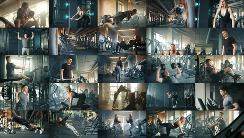 Sports athletes actively engage in physical exercises at the gym using various equipment. A collage of 25 videos with different exercises and athletes. This video is suitable for promoting your brand. photo