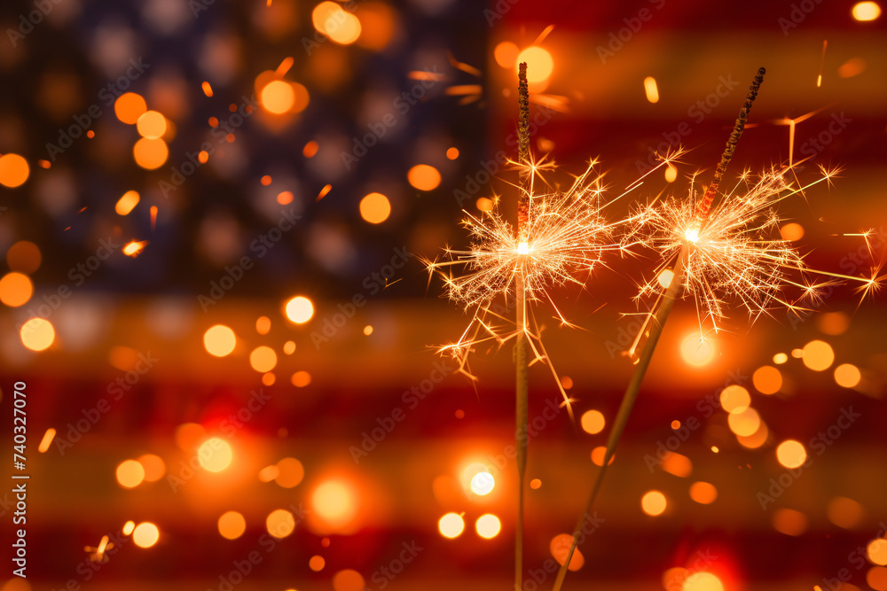 Fototapeta premium Sparklers in front of an American Flag, Independence Day celebration concept
