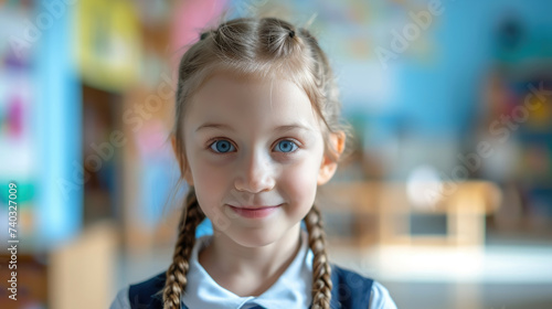 blue-eyed smiling schoolgirl with braids in uniform on the background of a school class, little girl, student, child, kid, children, education, training, study, knowledge, banner, portrait, person