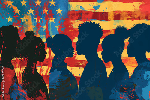 Silhouette of African American voters in front of an American flag, US election year, black voters concept