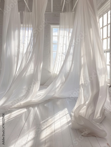 Airy white curtains blowing bright interior