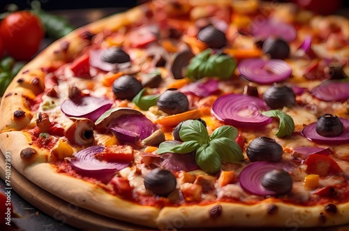 closeup shot of pizza with tomatoes and olives