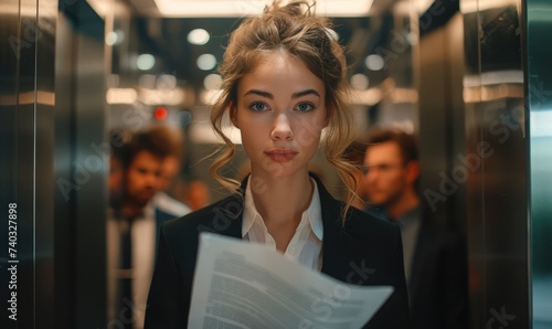 A busy woman office worker looking at her documents while the elevator door is closing