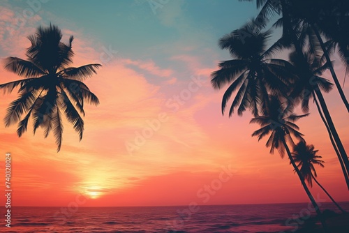 Coconut trees, sunset and ocean scene background, summer sea travel concept, free space in the middle for text.
