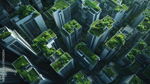 Futuristic smart city from above dynamic dimensions green rooftops photo